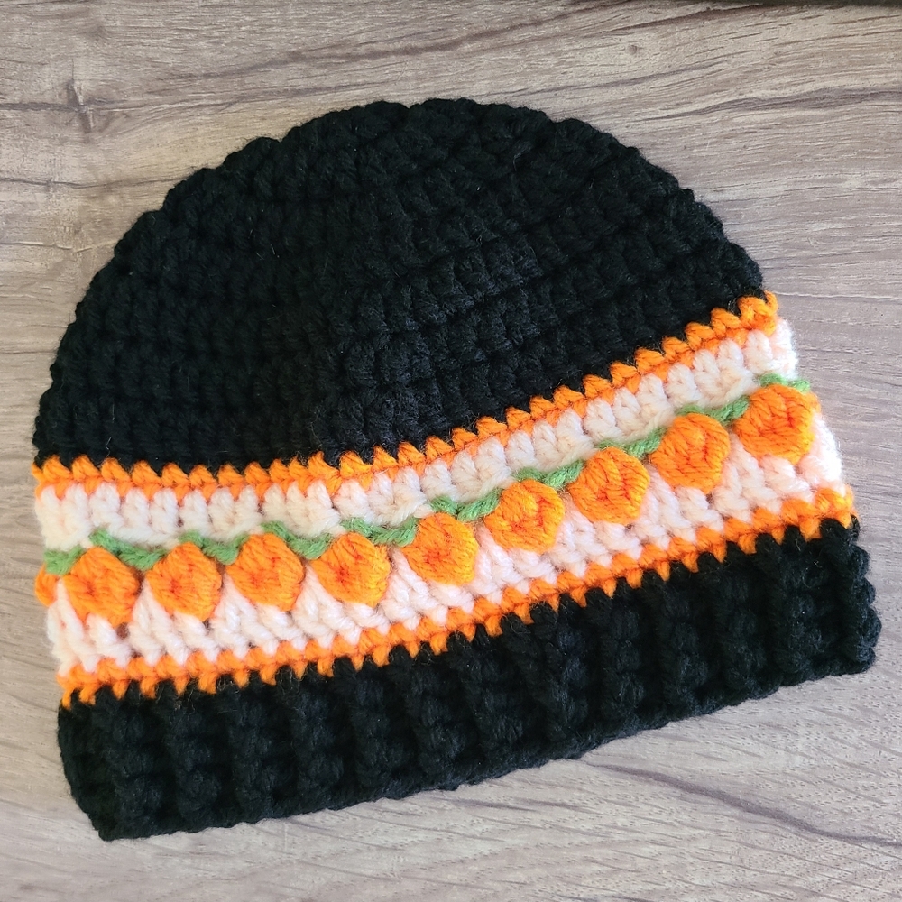 Handmade Pumpkin Patch Beanie, Black and Orange Baby Beanie, 3-6 Month, Crochet